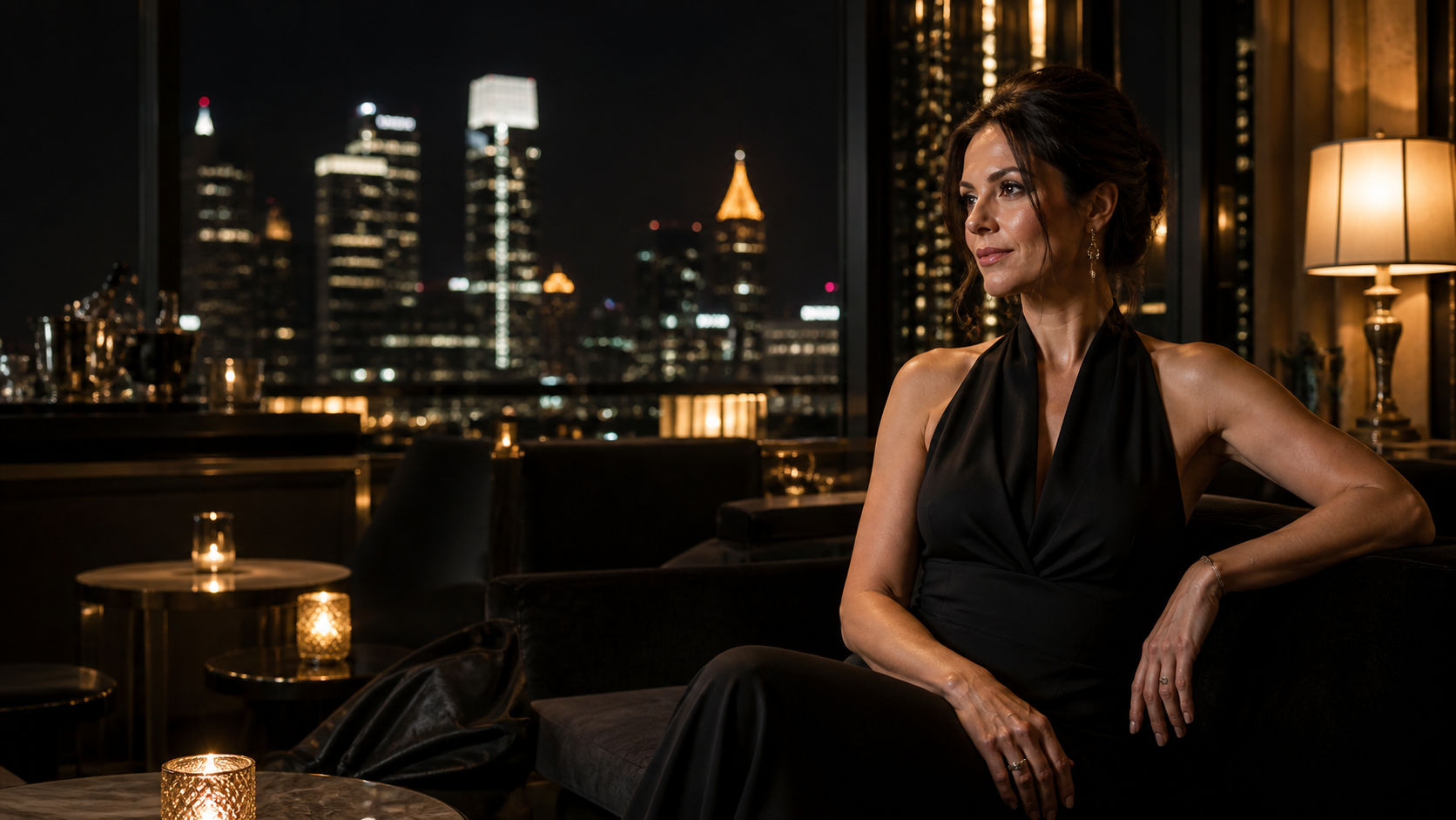 Elegant companion in a private Atlanta rooftop lounge